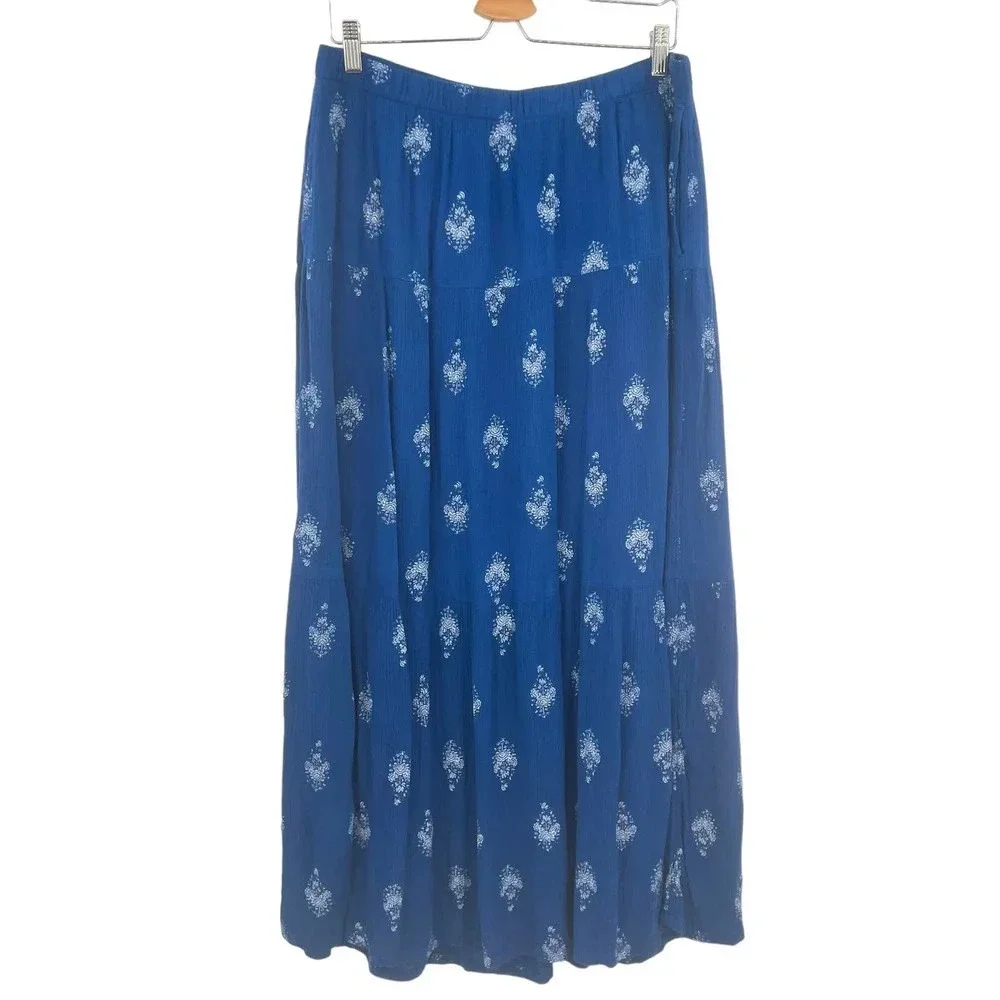 Garnet Hill Blue Paisley Floral Printed Long Maxi Skirt Size‎ Medium